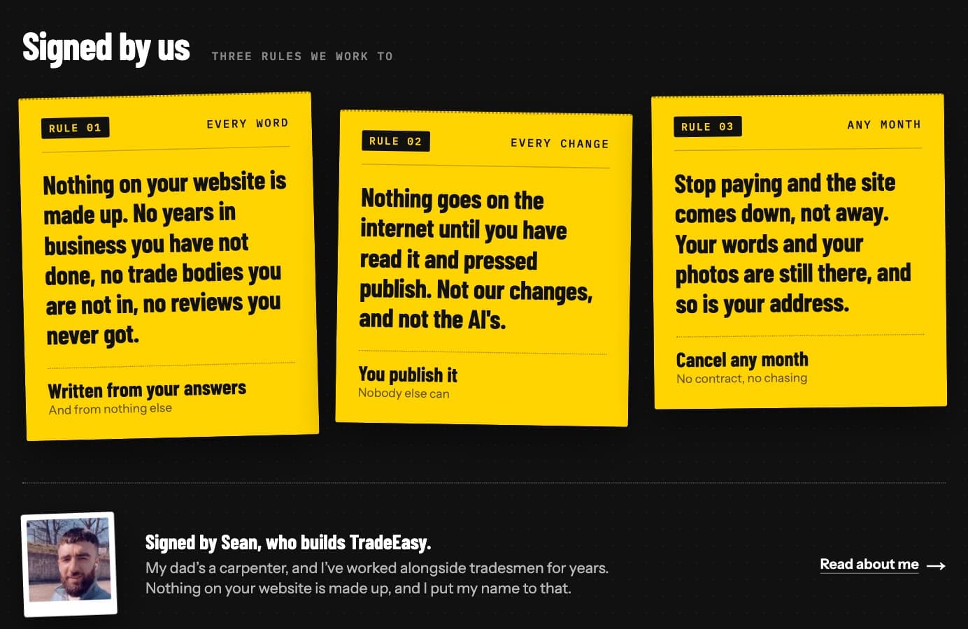 The three rules on TradeEasy’s front page, each on a yellow slip under Signed by us, and Sean’s signature under them